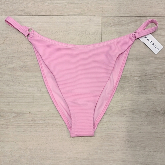 PACSUN | Women's Bubble Gum Pink Ribbed Eco Cheeky Mid-Rise Bikini Bottoms - Picture 1 of 3